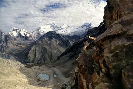 Beautiful landscape around Alpamayo, one of highest mountain peaks in Peruvian Andes, Cordillera Blanca