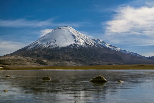 Scenic view of Nevado Sajama volcano, highest peak in Bolivia in Sajama national park