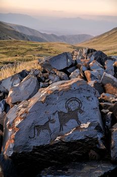 Ancient petroglyphs of animals on rock on Saimaluu Tash site in Kyrgyzstan
