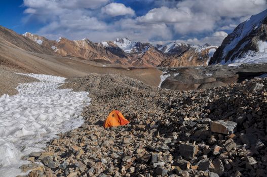 Camping in scenic Pamir mountains in Tajikistan