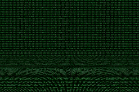 green binary computer code on black background, perspective