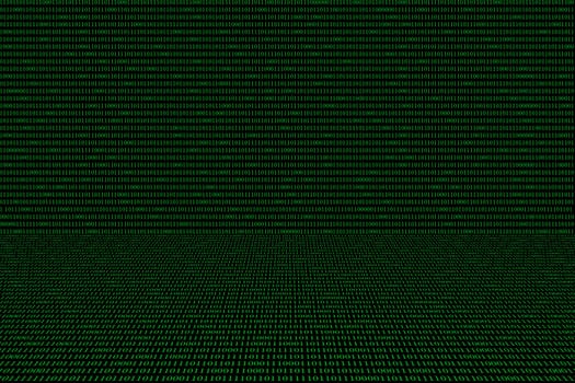 green binary computer code on black background, perspective