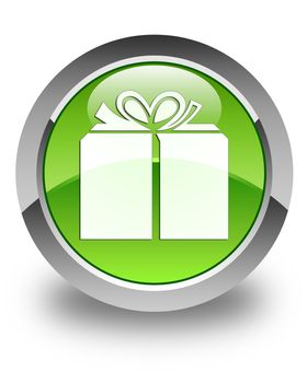 Gift box icon on glossy green round button