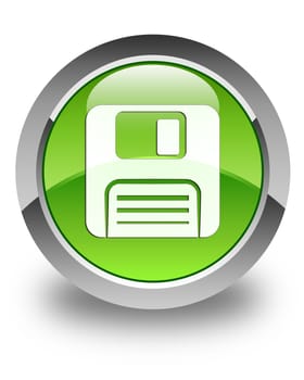 Floppy disk icon on glossy green round button