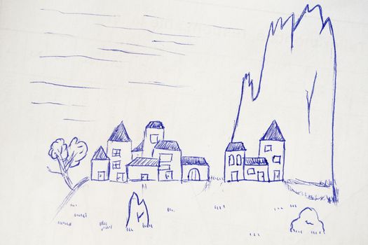 village near a peak, sketch with a pen ball