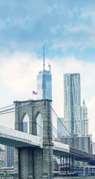 Brooklyn Bridge with Downtown Manhattan skyline.