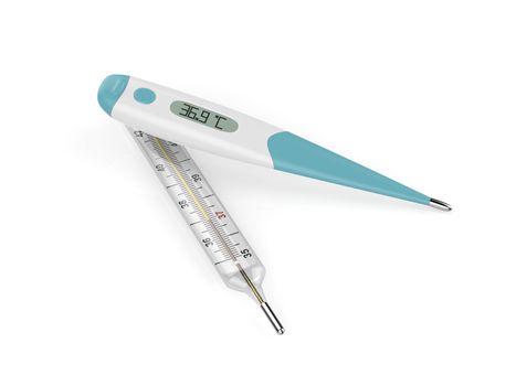 Electronic and mercury medical thermometers on white background