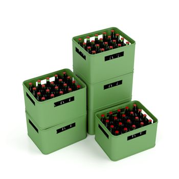 Crates with lager beer on white background