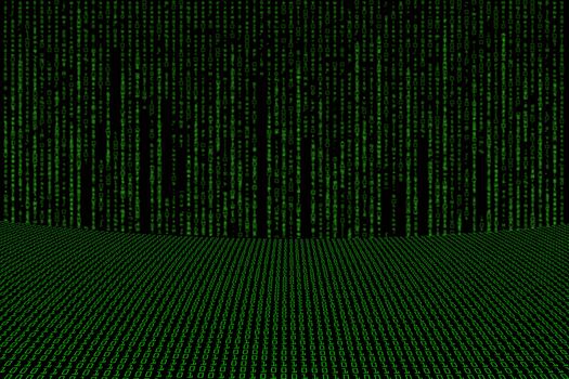 image of green binary code background with matrix wall, perspective.