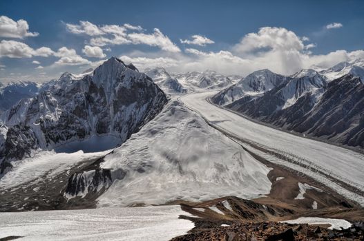 Breathtaking view of Fedchenko Glacier in Pamir mountains in Tajikistan