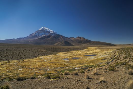 Scenic view of Nevado Sajama volcano, highest peak in Bolivia in Sajama national park