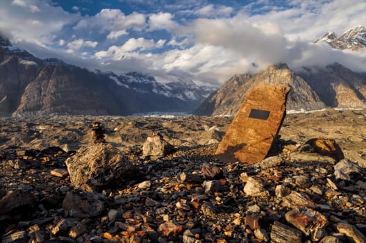 Dramatic scenic landscape on Engilchek glacier in Tian Shan mountain range in Kyrgyzstan
