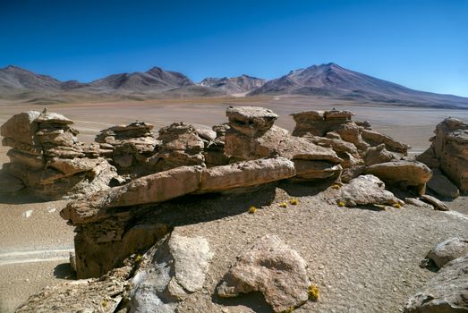 Picturesque view of rocks in bolivian desert near Salar de Uyuni in south american Andes
