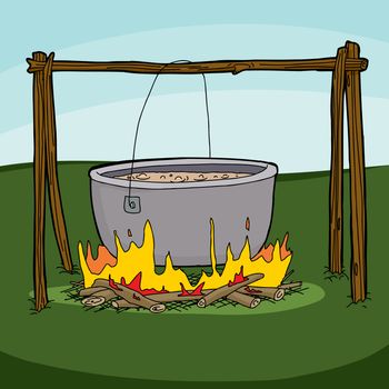 Cartoon of large pot with soup boiling over campfire