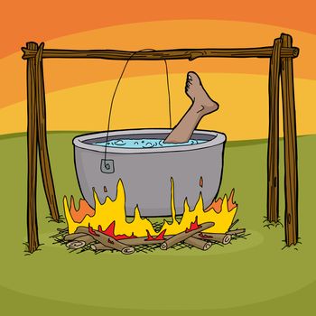 Foot sticking out of boiling pot in bonfire