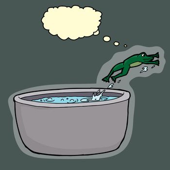 Smart green frog jumping out of boiling pot of water