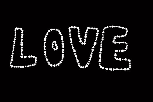 word love made of heart shapes isolated on black background.