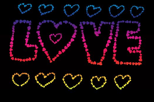 colorful love made of heart shapes isolated on black background.