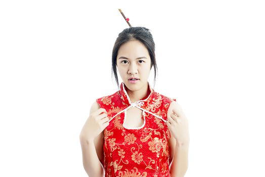 Chinese woman red dress traditional cheongsam ,close up portrait