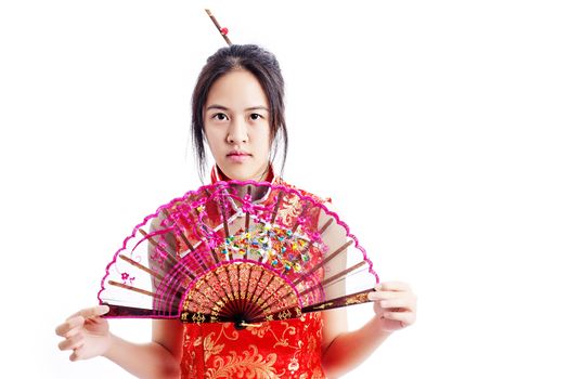 Chinese woman red dress traditional cheongsam ,close up portrait