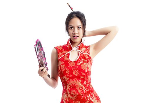 Chinese woman red dress traditional cheongsam ,close up portrait