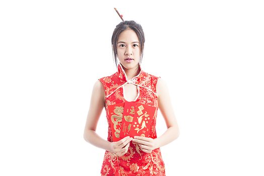 Chinese woman red dress traditional cheongsam ,close up portrait