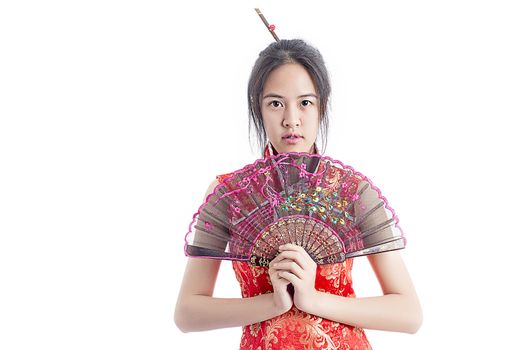 Chinese woman red dress traditional cheongsam ,close up portrait