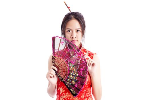 Chinese woman red dress traditional cheongsam ,close up portrait