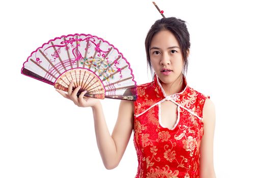 Chinese woman red dress traditional cheongsam ,close up portrait