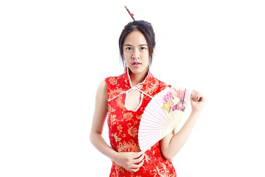 Chinese woman red dress traditional cheongsam ,close up portrait