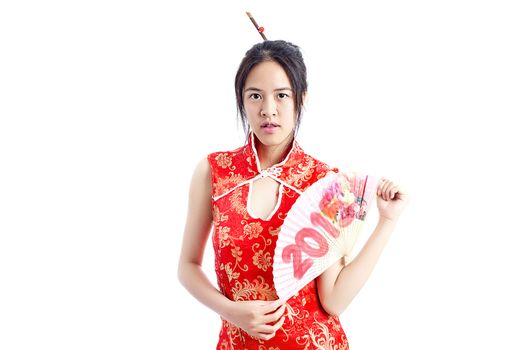 Chinese woman red dress traditional cheongsam ,close up portrait