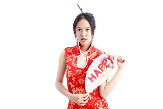 Chinese woman red dress traditional cheongsam ,close up portrait