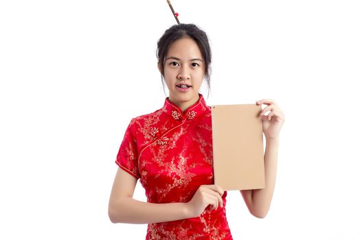 Chinese woman red dress traditional cheongsam ,close up portrait