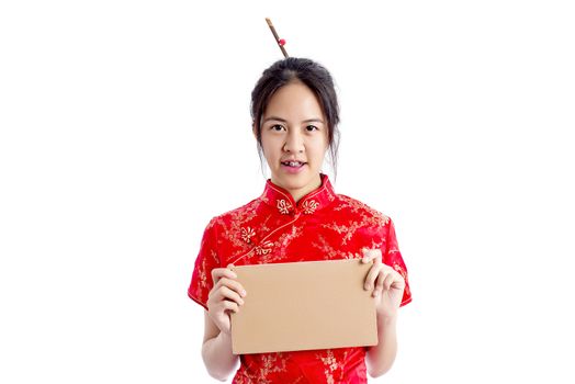 Chinese woman red dress traditional cheongsam ,close up portrait