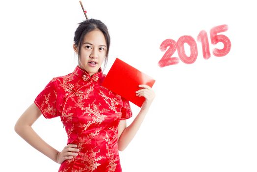 Chinese woman red dress traditional cheongsam ,close up portrait