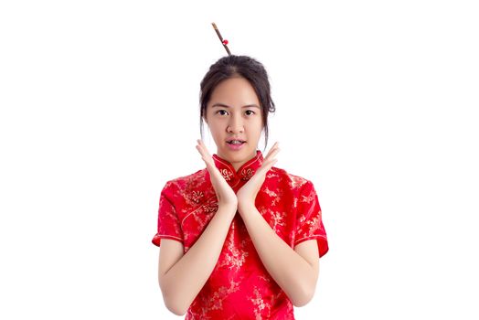 Chinese woman red dress traditional cheongsam ,close up portrait