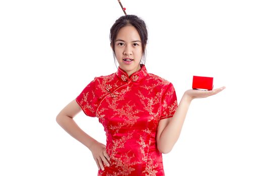 Chinese woman red dress traditional cheongsam ,close up portrait