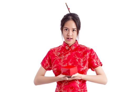 Chinese woman red dress traditional cheongsam ,close up portrait