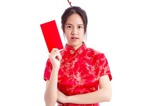 Chinese woman red dress traditional cheongsam ,close up portrait