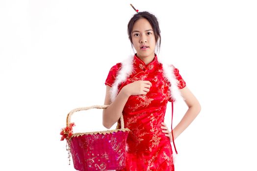 Chinese woman red dress traditional cheongsam ,close up portrait