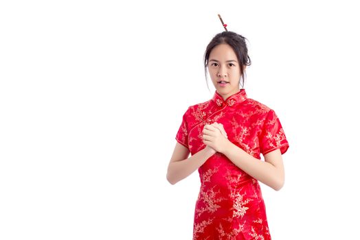 Chinese woman red dress traditional cheongsam ,close up portrait