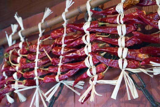 Dried chilli was tied up on a high pole, japanese folkways