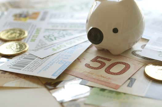 Piggy bank on Canadian money background