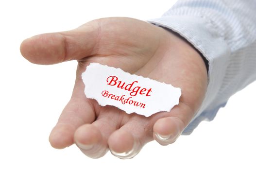 Business man holding budget breakdown note on hand