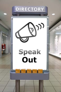 Speak out and direction sign inside shopping mall