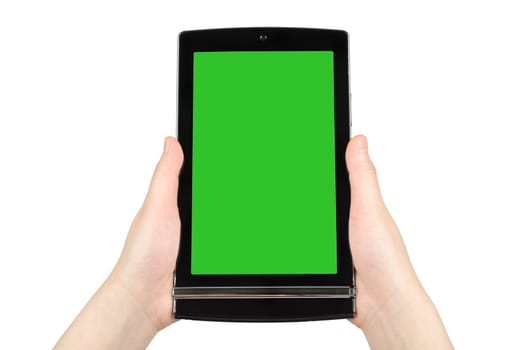 Hands holding touch screen tablet pc with green screen 