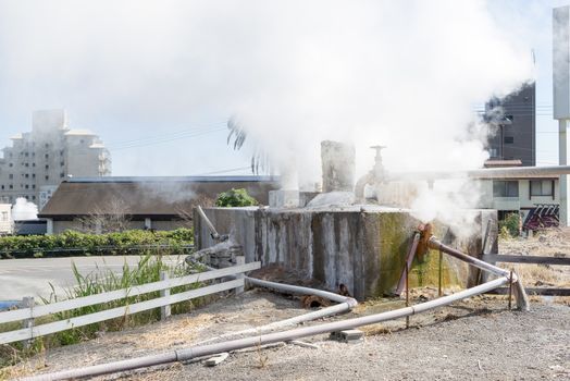 Many house around hot spring water boiling, Beppu, Oita, Japan