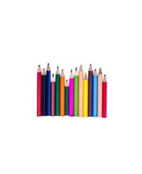colorful arrangement of unsharpened pencil crayons isolated on white background.