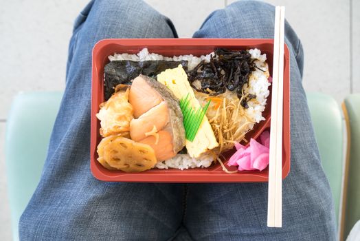 Japanese bento convenient and ready to eat on lap