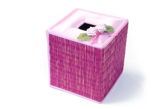 Thai style handmade box of tissues Knitting made by duckweeds with pink flowers decoration on top isolated background